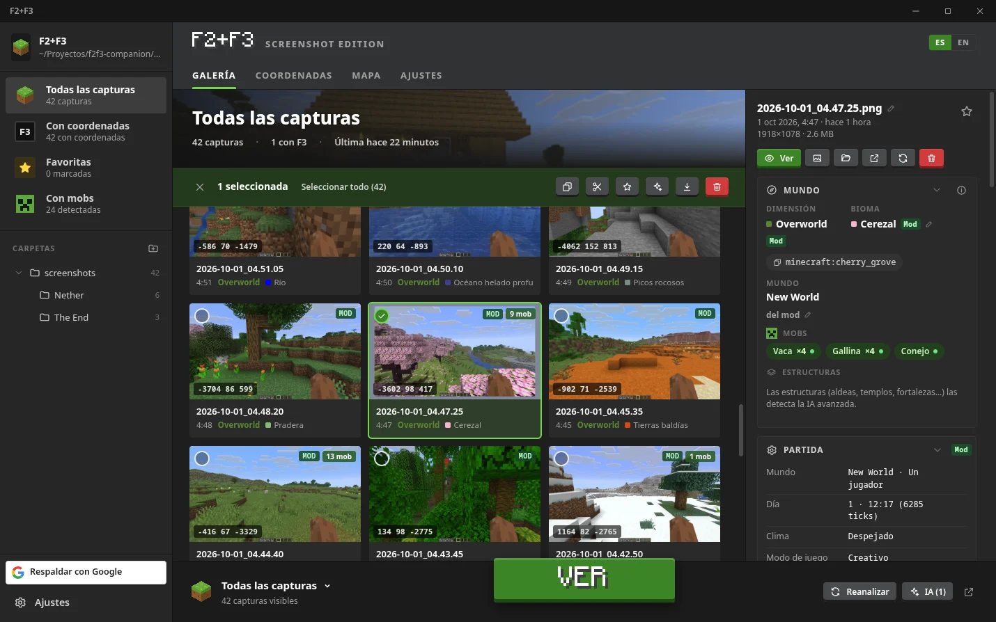 Galería de F2+F3 con una cuadrícula de capturas de Minecraft y etiquetas de bioma y coordenadas