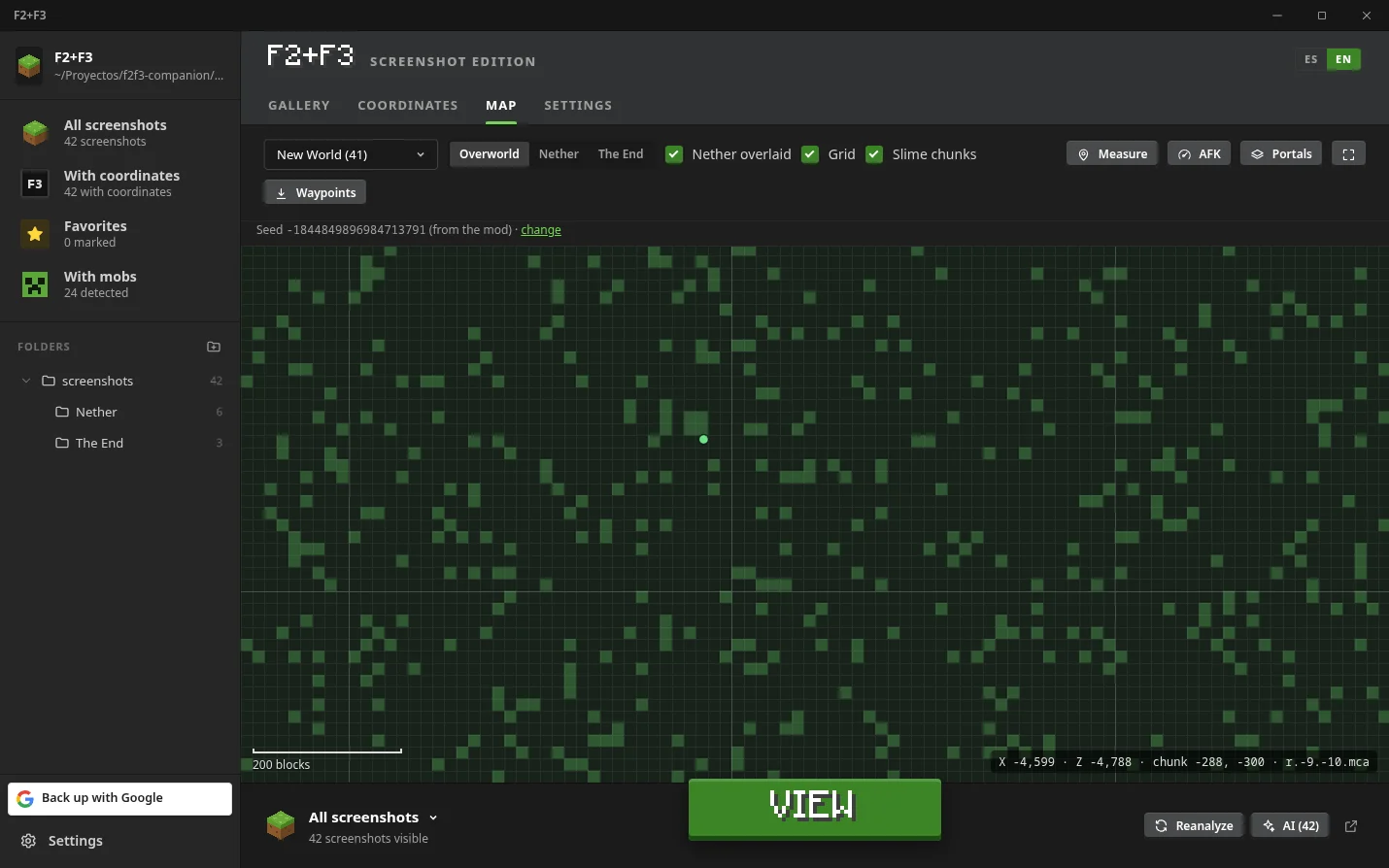 Map view with captures as points, chunk grid, slime chunks and the AFK planner spheres